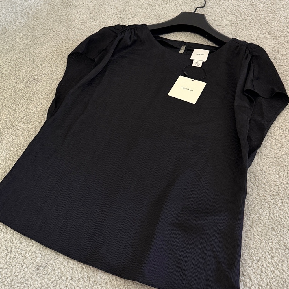 Calvin Klein Black Short Sleeve Pleated-Shoulder Blouse